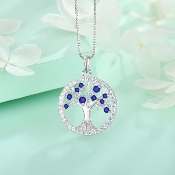 Coloured zirconia stone tree of life silver pendant with  Women Sterling Silver Tree of Life Birthstone Pendant Necklace with Cubic Zircon